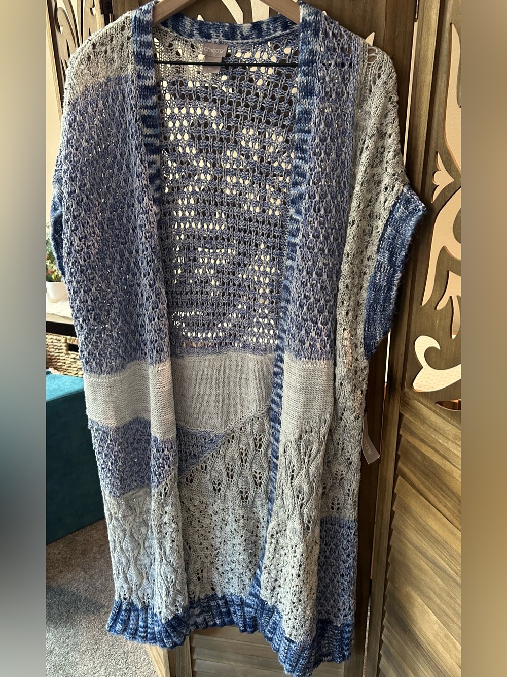 Chicos Short Sleeve Patchwork Knit Duster Cardigan. Size 3(XL). NWT.